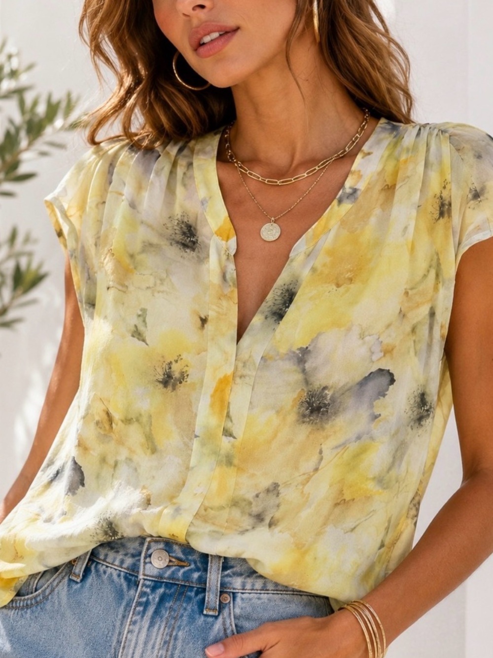 Red Haute Yellow Watercolor Floral Split Neck Blouse Sheer Lightweight Medium